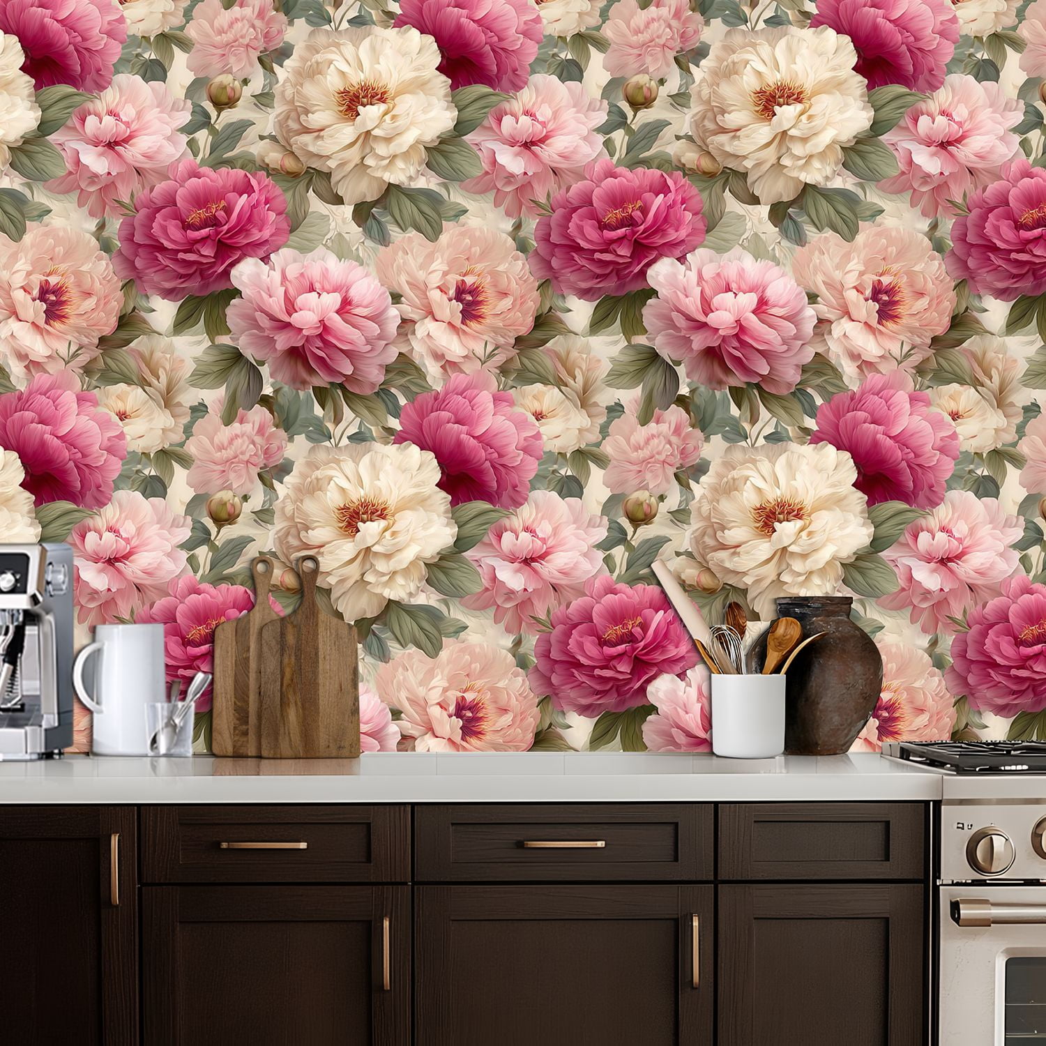 Peel and Stick Wallpaper 17.7in x 9.8ft Floral Peony Soft Pink Cream Flowers Contact Paper Vinyl Self-Adhesive Removable Wall Paper for Bedroom Kitchen Cabinet Décor Renter Friendly