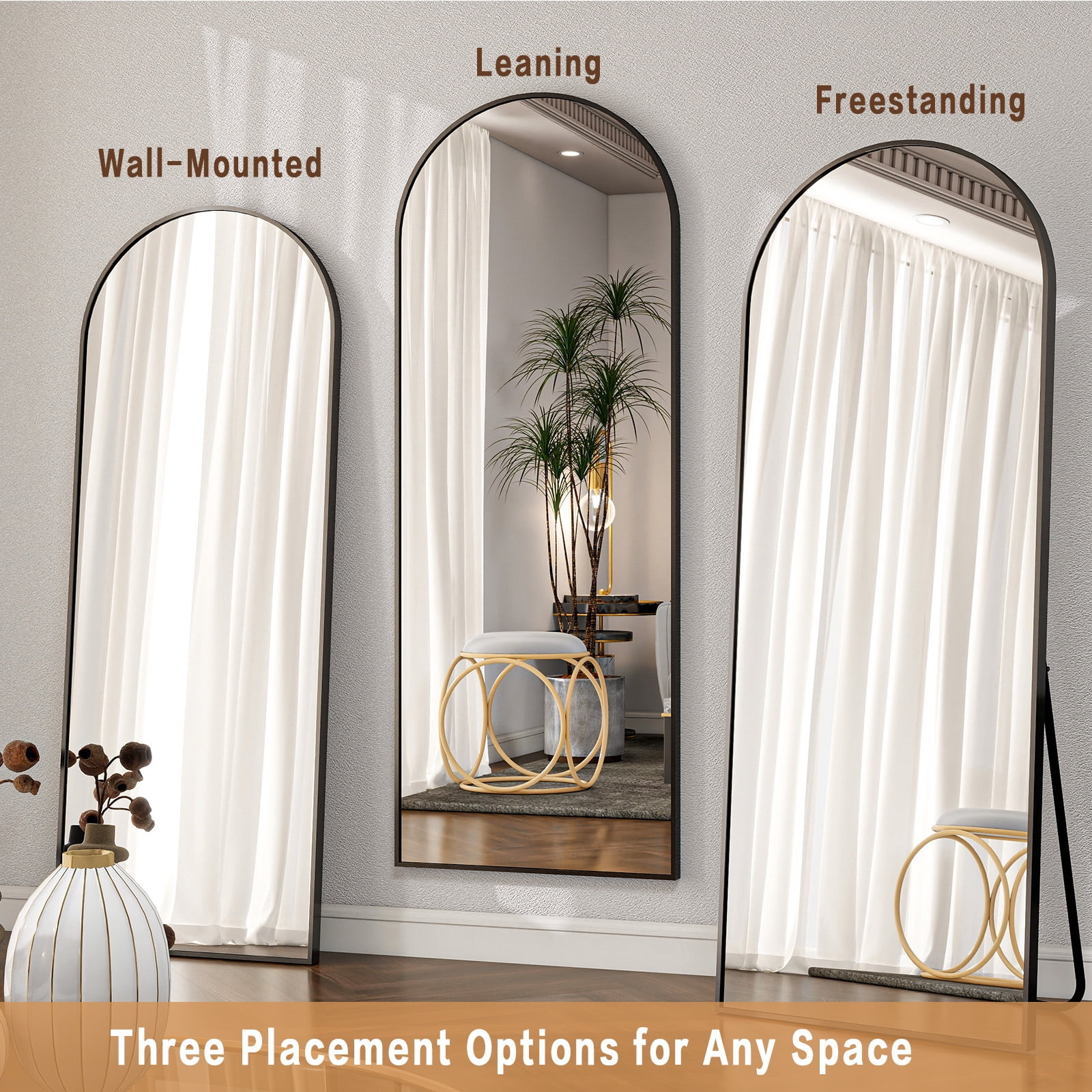 BEAUTYPEAK 64"x 21" Full Length Mirror Arched Standing Floor Mirror Full Body Mirror, Black