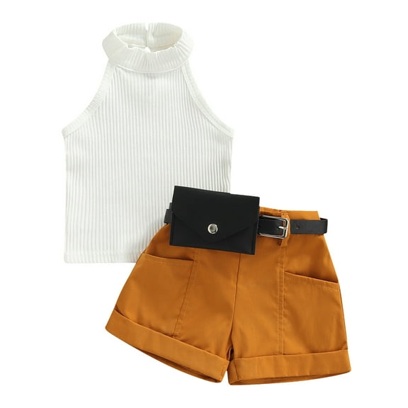 Mevireiy 3 Pcs Toddler Baby Girls Outfits Sleeveless Ribbed Knit Halter Tops Shorts Waist Bag