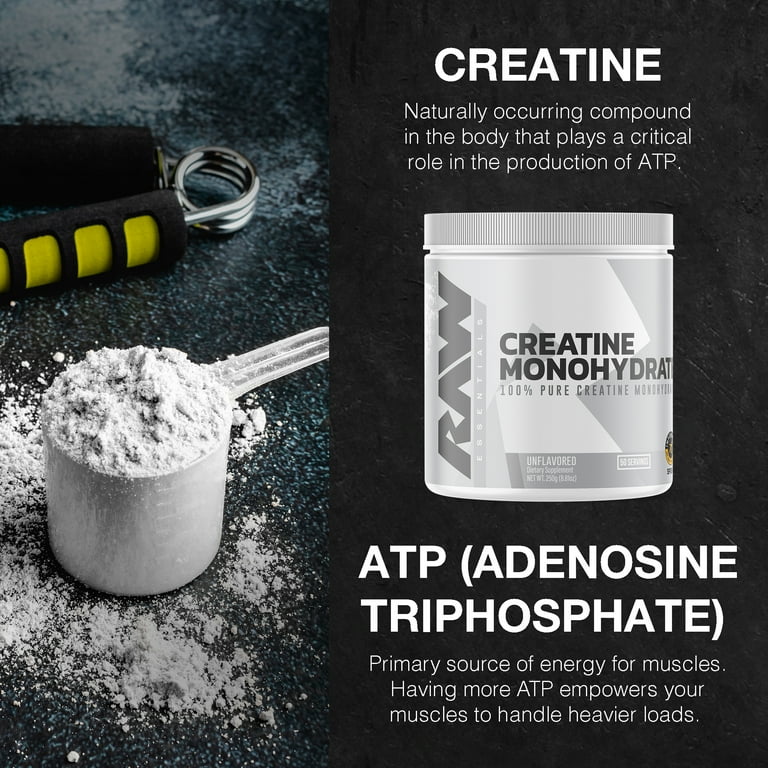 RAW Nutrition Essential 100% Pure Creatine Monohydrate, Unflavored, 8.81 oz, 50 Servings