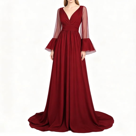 Karymi Spring Dresses V Neck Evening Gown, Long Bell Sleeve Formal Maxi Dress with Train, Waist Ruched Flowy Wedding Guest Bridesmaid Dress