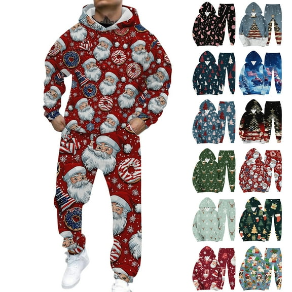 Men's Casual Christmas Printed Long-sleeved Hooded Sweatshirt and Sweatpants Two-piece Set, Fleece-Lined for Holiday Gifts Winter Sports and Festive Events,Army Green,L