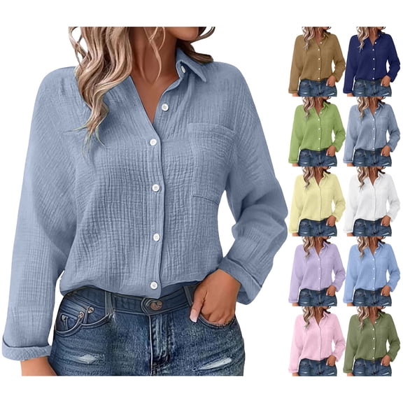 Womens Button down Shirts Cotton Linen Long Sleeve Dress Shirts Casual Summer Tops with Pockets by Yigetop Beige L