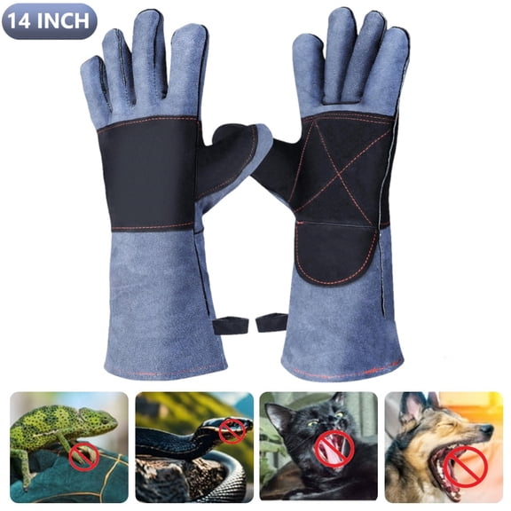 KANCOKIT 14” Animal Handling Gloves Snake Bite Proof, Double Leather Padding, Anti-bite Dog Cat Bird Reptile Control Protection, Blue