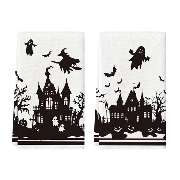 Sm:)e Haunted House Tree Black White Spooky Ghost Witch Halloween Kitchen Towels Dish Towels 18x26 Inch Set of 2