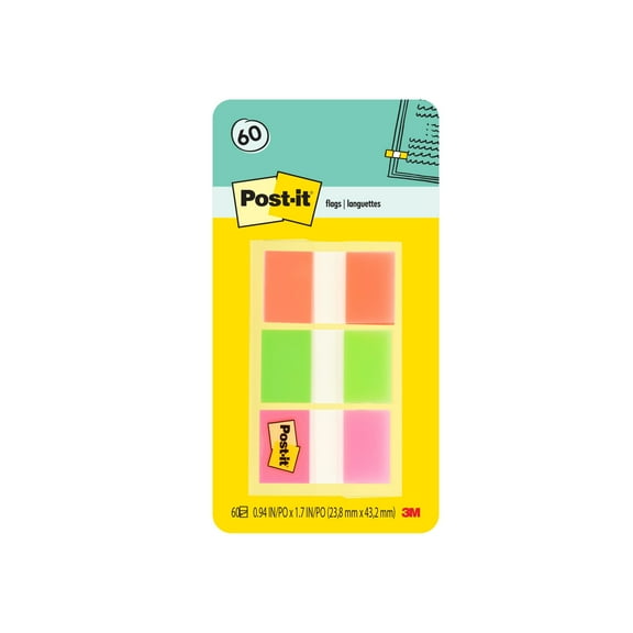 Post-it Flags, Orange, Lime, Pink .94 in. Wide, 60/On-the-Go Dispenser, 1 Dispenser
