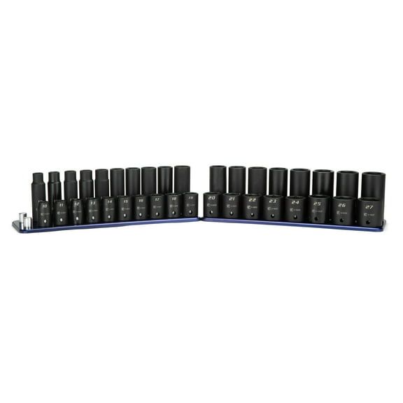 Capri Tools 1/2 in. Drive Shallow and Deep Impact Socket Set, Metric, 10 to 27 mm, 36-Piece with Billet Aluminum Socket Rail