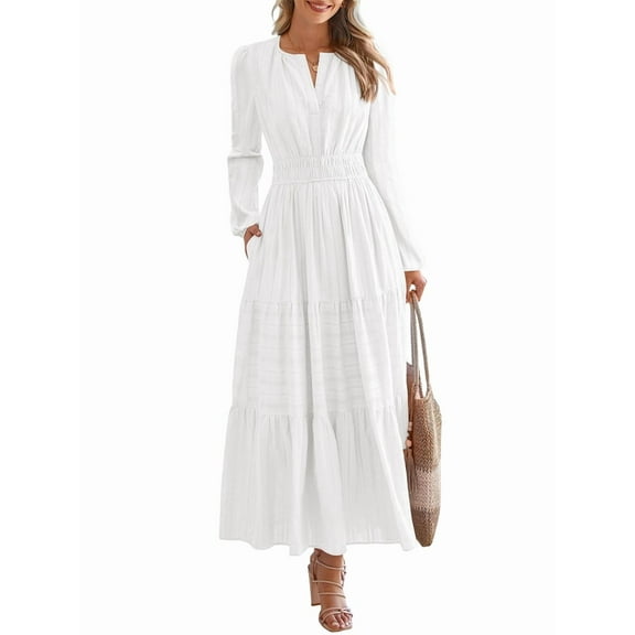 Women Fall Casual Long Sleeve V Neck Elastic Waist Light-Weight Maxi Wedding Guest Dress Pockets White XXL