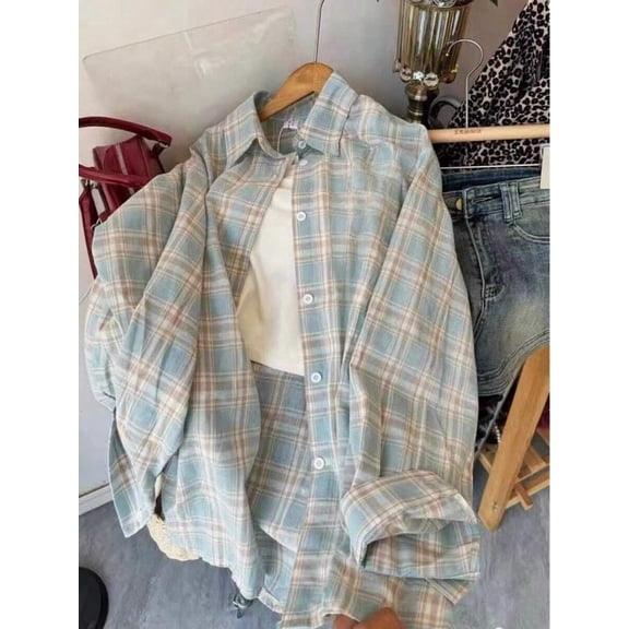 Women Collared Plaid Shirt Long Sleeve Button Front Regular Fit Casual Blouse