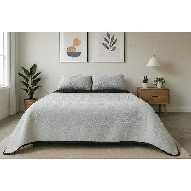 Edredón Ligero King Size Doble Vista Con Fundas de Almuadas Oxford-plata