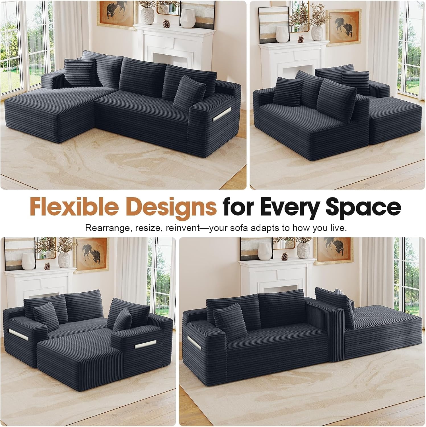 MOONMISS L-Shaped Cloud Sectional Couch with Chaise,Modern Corduroy Upholstered Modular Boneless Sofa,No Assembly for Living Room Apartment(Gray,Left)