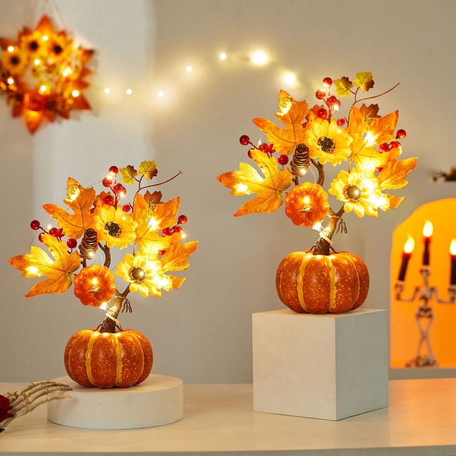 Árbol de Calabazas Simulado para Halloween, Decoración Otoñal y para El Hogar, de Plástico Multicolor, 32 X 28 Cm / 12,60 X 11,02 Pulgadas | Luces Luminosas | Decoración Festiva para Fiestas En Casa