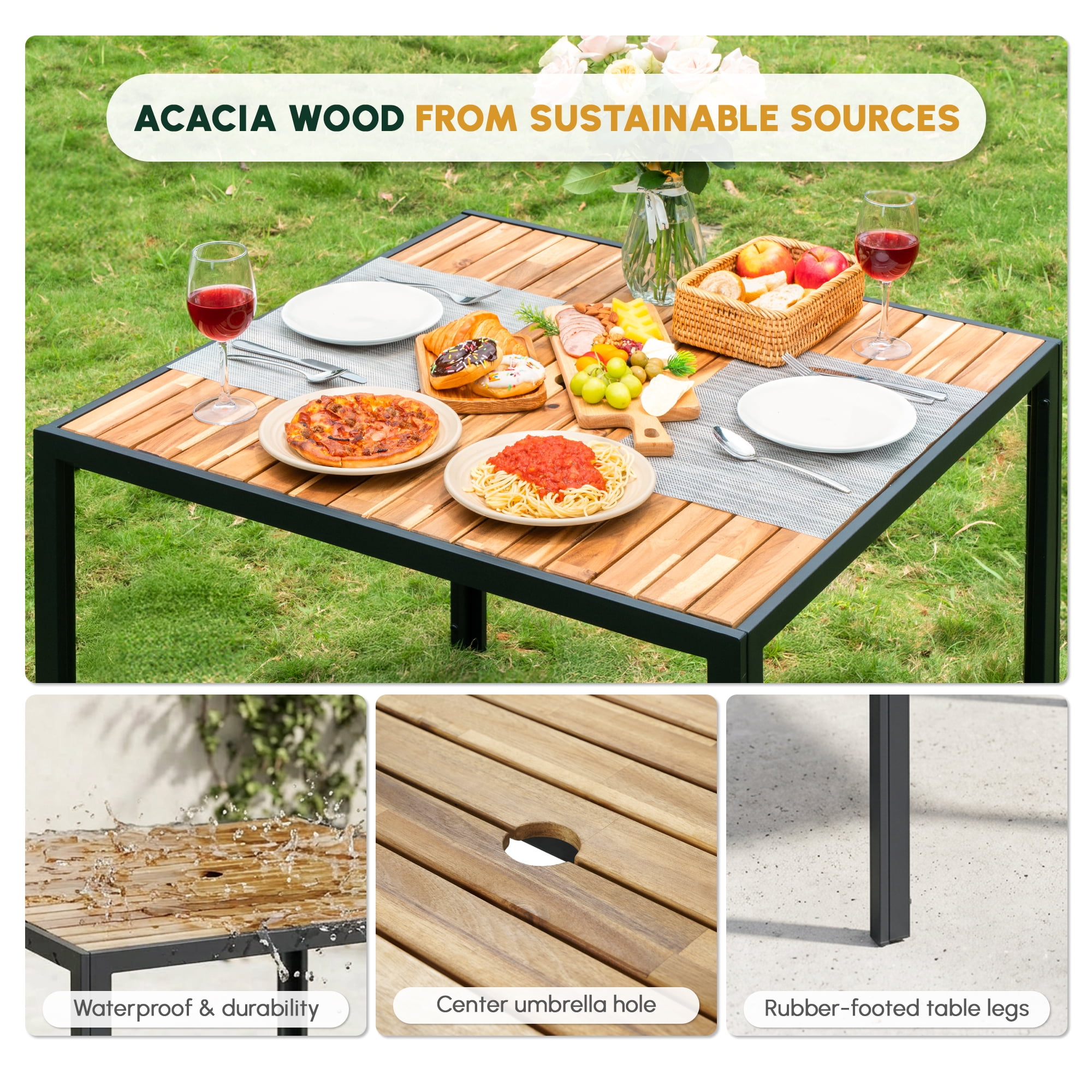 Leumius 5 Piece Patio Dining Set,All Weather Outdoor Dining Table Set with 4 Cushion Chairs,Patio Conversation Set with Acacia Wood Table Top and Umbrella Hole,Dark Brown