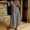 thumbnail image 6 of Women's Cotton Linen Midi Dress Summer Solid Color V‑Neck Ruffle Cap Sleeve Loose Dress with Dual Side Pockets Gray XL(XL), 6 of 6
