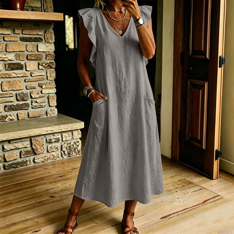 loose fitting flowy dresses Livrdious Summer Flowy Dresses for Women with Pockets, Loose Fit Womens V  Neck Sleeveless Maxi Dress Ruffle Straps Boho Sundress