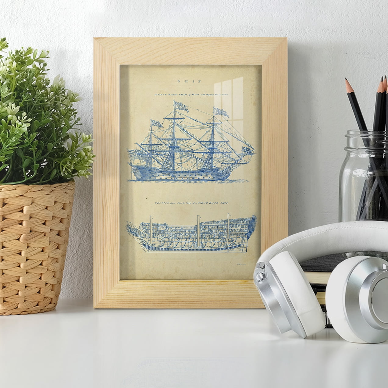 Vintage Ship Blueprint -Framed Print w/glass-Natural Wood