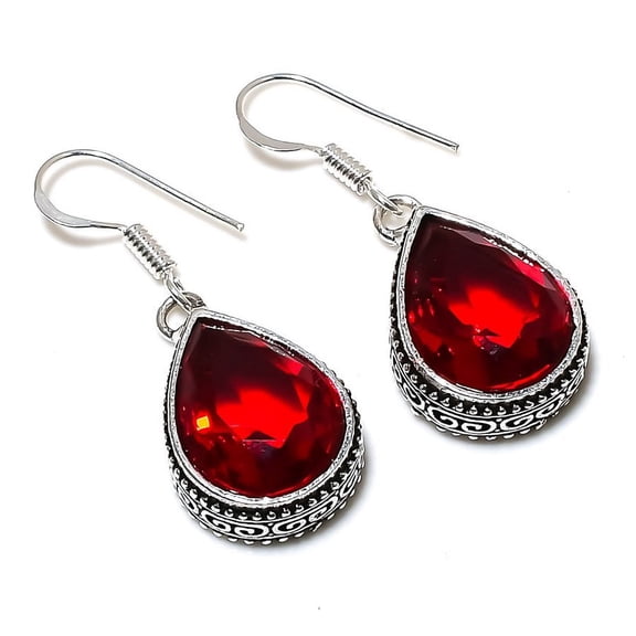Natural Mozambique Garnet Gemstone 925 Sterling Silver Jewelry Earring 1.50"