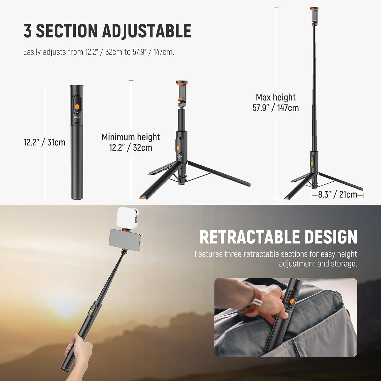 57.9" Tripod Compatible with iPhone Samsung Android, Metal Portable Lightweight Travel Cell Phone Stand with Phone Holder Mount & Remote for Video Recording Filming, PA992 Black