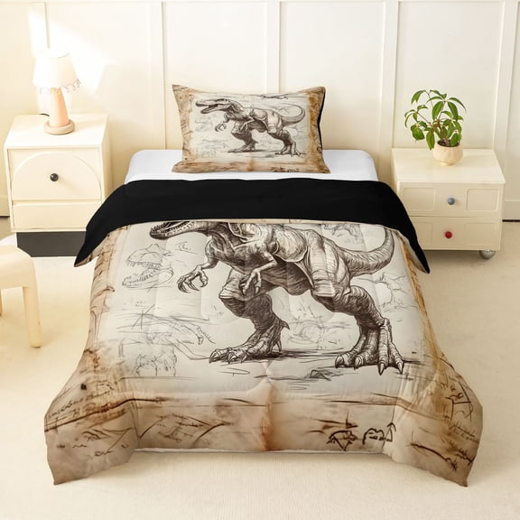 Homewish Woodland Dinosaur Twin Comforter Sets,Minimalist Sketch Dino Bedding Set,Brown,Black Reversible,2 Pieces,1 Comforter and 1 Pillowcase