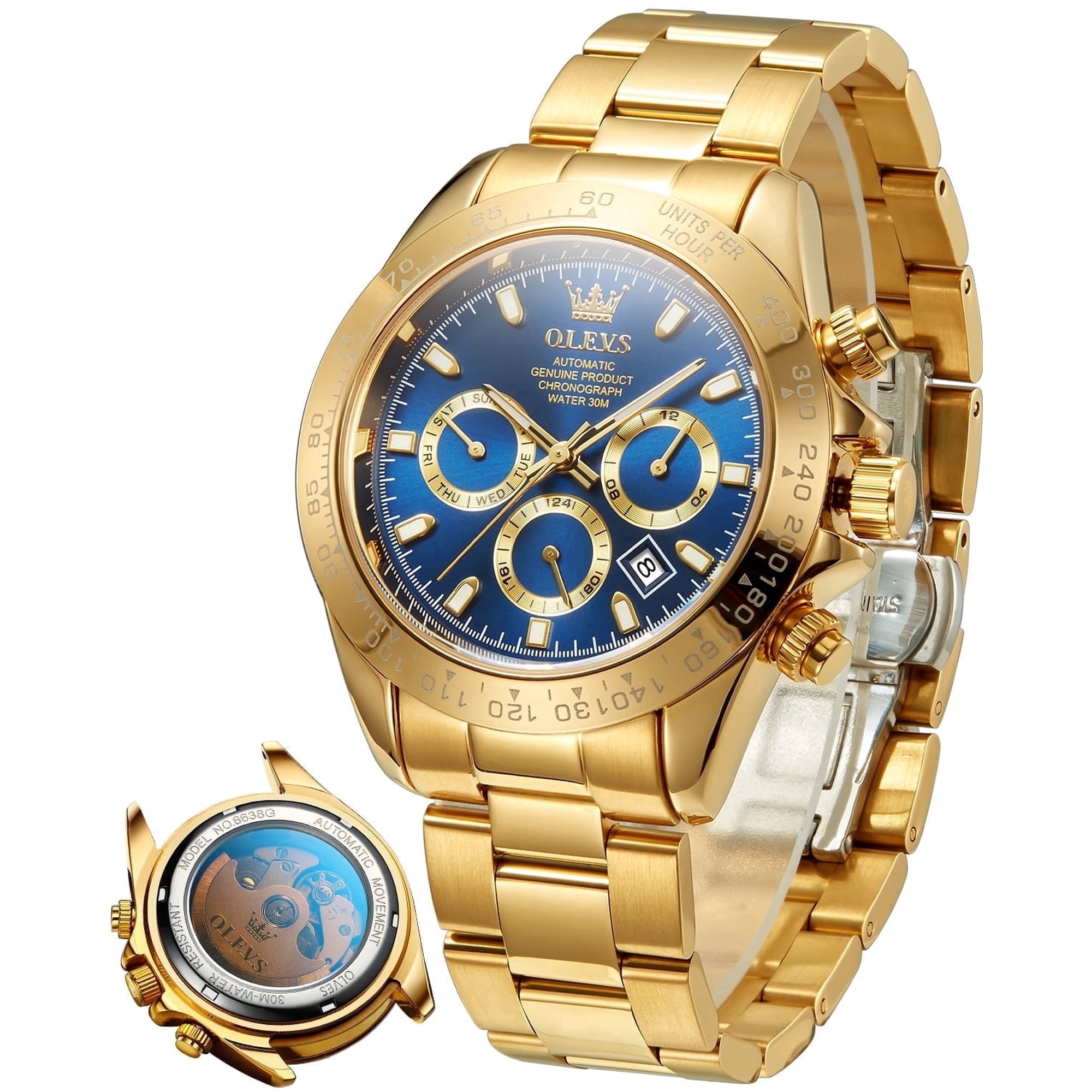 OLEVS Automatic Watches for Men Self Winding Chronograph Mechanical Luxury Dress Stainless Steel Calendar Date Waterproof Luminous Mens Wrist Watches Gift Reloj Para Hombre Black/Blue/Green Dial