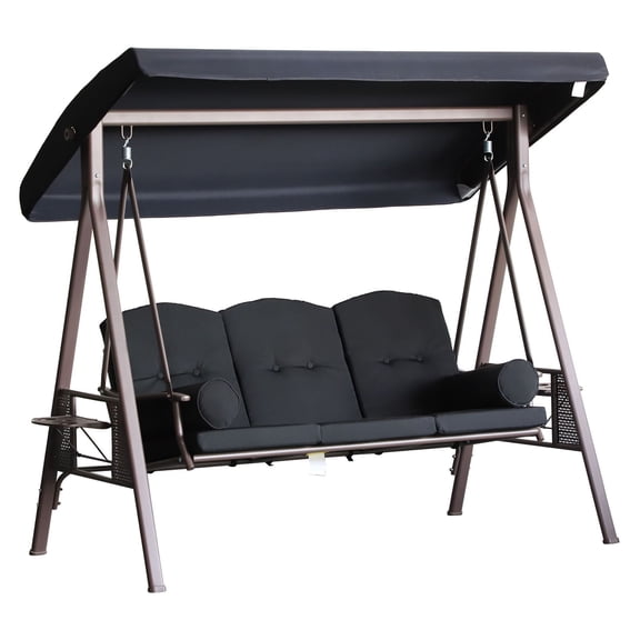3-Person Patio Swing Bench with Canopy, Steel Outdoor Swing Chair with Side Trays, Padded Cushions - Black