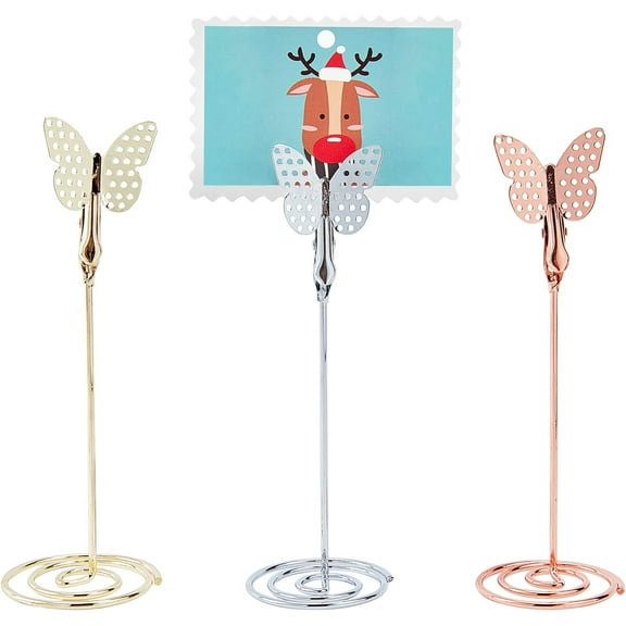 1set 3Pcs 3 Colors Table Number Holder Butterfly Place Card Stands Tall Table Wire Holders Iron Menu Memo Picture Photo Alligator Clips for Wedding Banquet Party Favors Supplies
