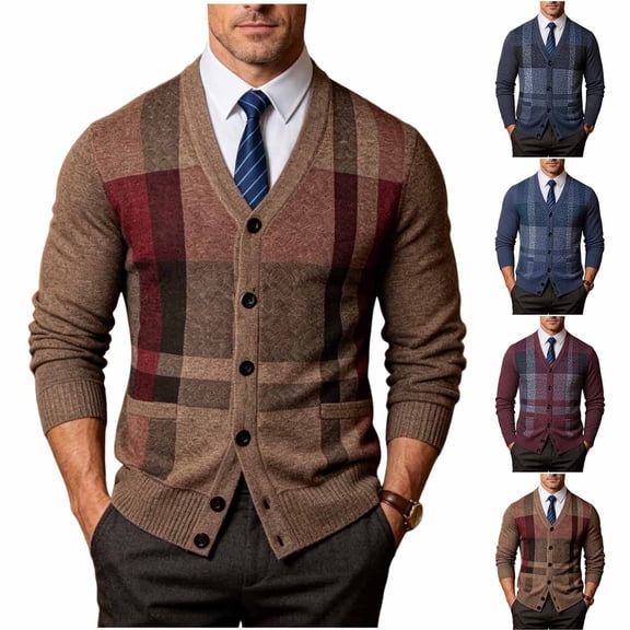 Sahpxhe Mens Cardigan Sweaters Plaid Button down Long Sleeve V-Neck Knit Sweater Jacket Casual Work Business Outerwear Khaki L