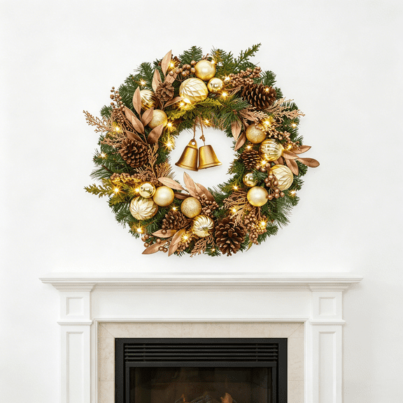 24 Inch Christmas Wreath Decorated with Balls and Bells Festive Xmas Wreath for Front Door Wall Mantel Window Indoor Outdoor Holiday Home Decor