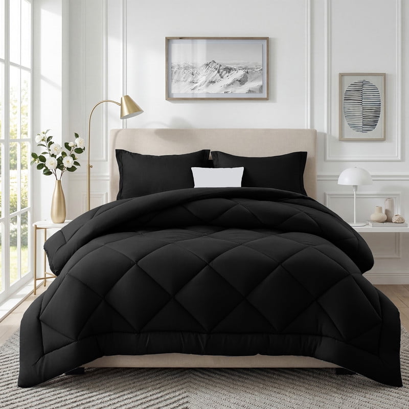 3 Pieces Twin Size Comforter Set, All Season Lightweight Breathable Bedding Set with 1 Down Alternative Comforter and 2 Pillowcases, Black