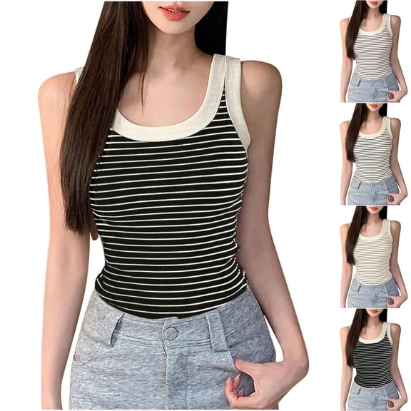 Fengqque Womens Sleeveless Crewneck Striped Print Tank Tops Casual Basic Summer Top Slim Tee Tanks White-A XL(XL)