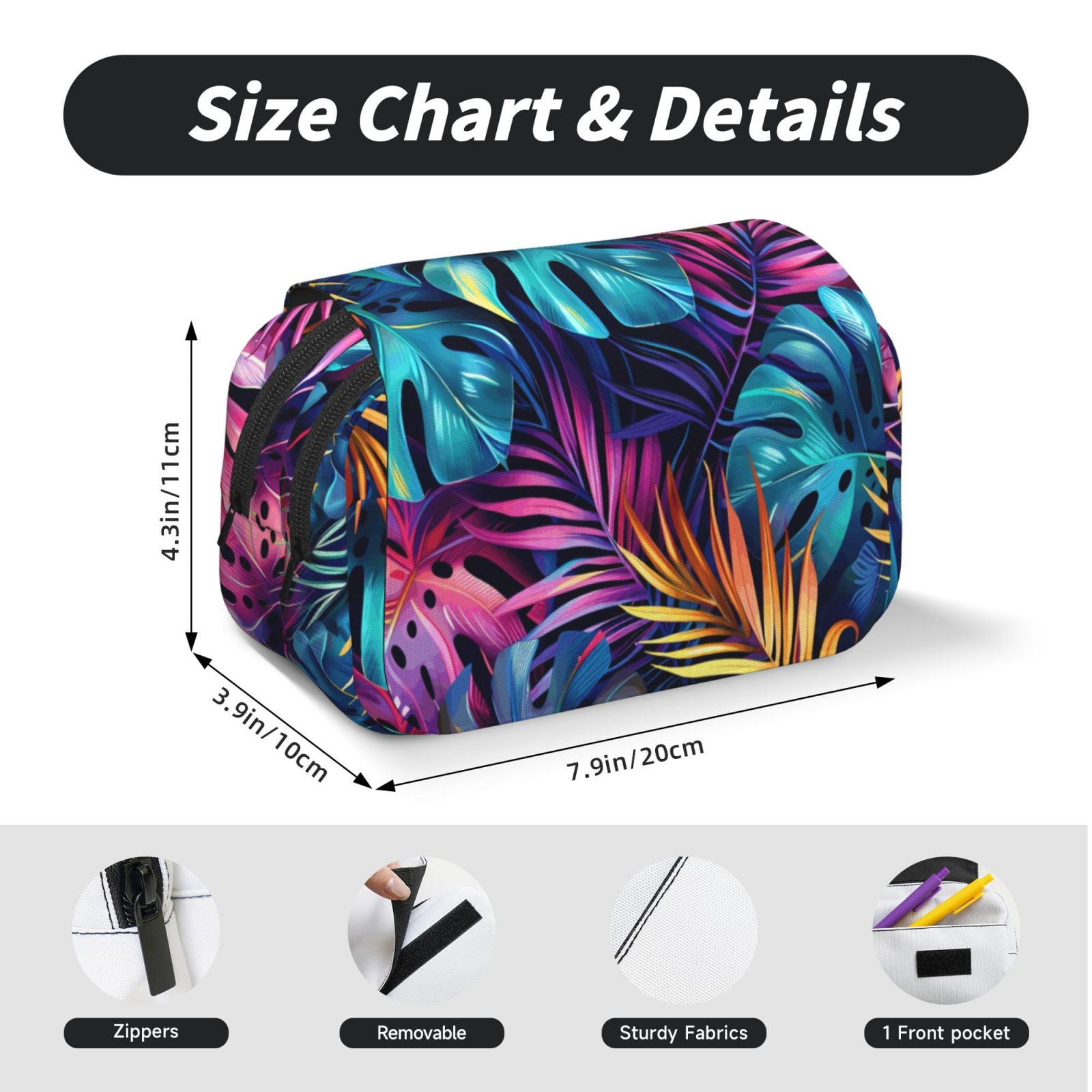 Rateoe Colorful Tropical Leaves Pattern Double Clamshell Pen Case, Storage Organizer with Two Zipper Compartments– Holds Up to 50 Pencils & Pens