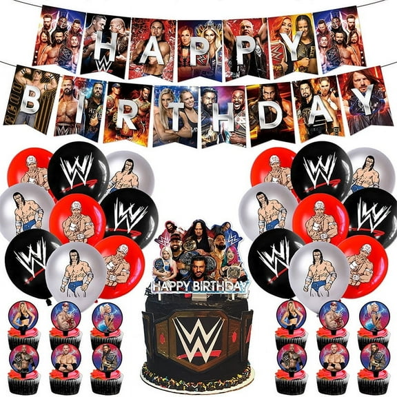 Wrestling The Powerpuff Girls Themed Birthday Party Decoration Set, 30pc Includes Banner, Cake Toppers, Balloons, and Cupcake Decorations.