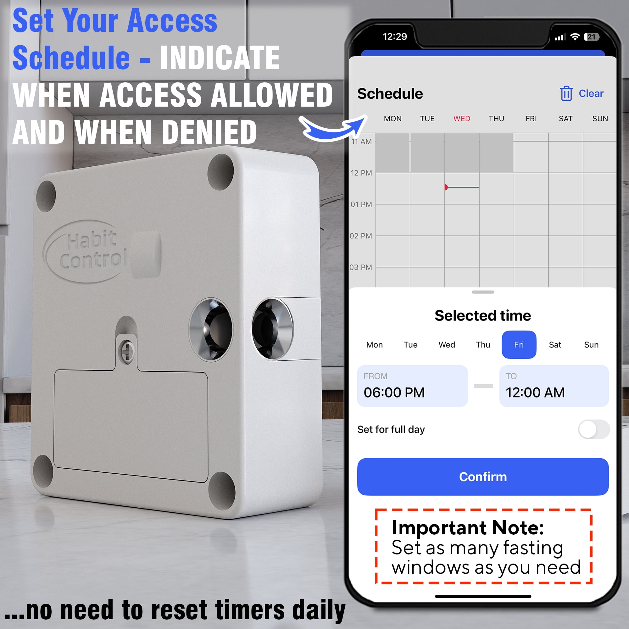 Habit Control Smart Lock - App-Controlled Access for Snacks, Food & Alcohol - 3-in-1 Modes: Timer, Schedule & Simple Lock - For Refrigerators, Cabinets, Drawers, Cupboards