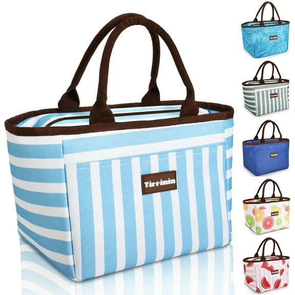 Tirrinia Adult Kid Lunch Bags, Women Men Large Oxford Lunchbox for Office, Beach, Picnic, School, Cute Soft Lunch Bag Tote, 10 Soda Cans Capacity,Blue Strip