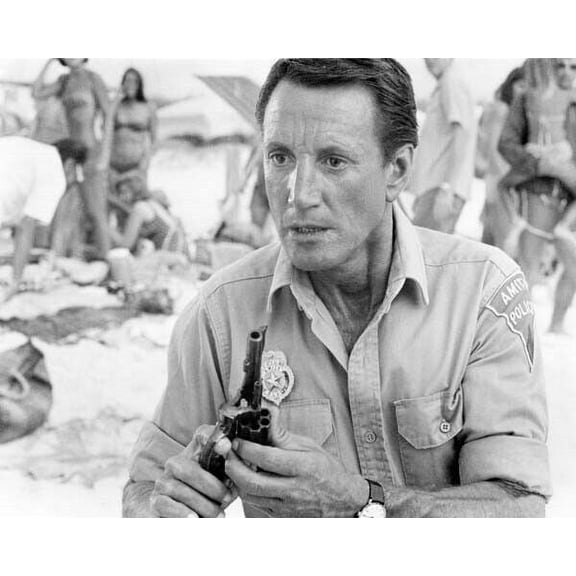 Jaws 2 1978 Roy Scheider on beach with gun after shooting at shark 24x30 poster