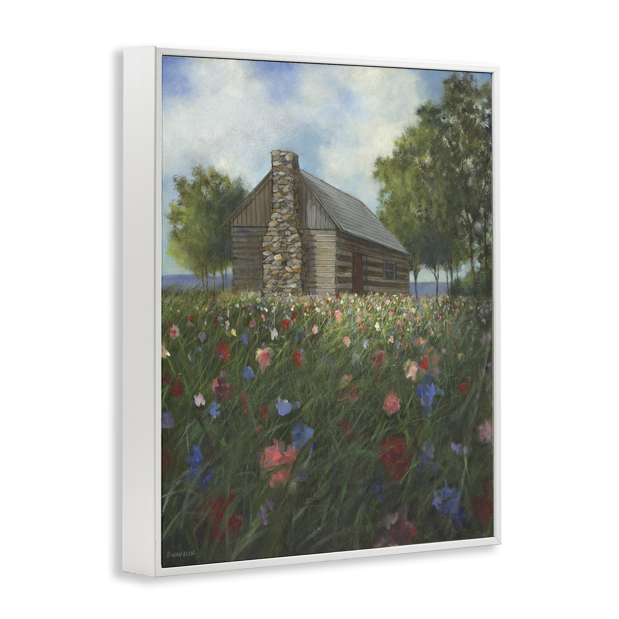 Stupell Industries Log Cabin Meadow Landscape Painting White Framed Art Print Wall Art, 16 x 20