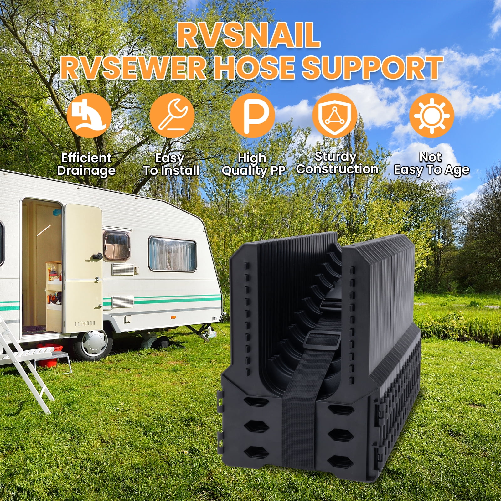 RV Sewer Hose Support, 15FT Adjustable RV Hose Support Holder Camper Sewer Hose Support for Fast & Secure Dumping with carrying Strap, Black