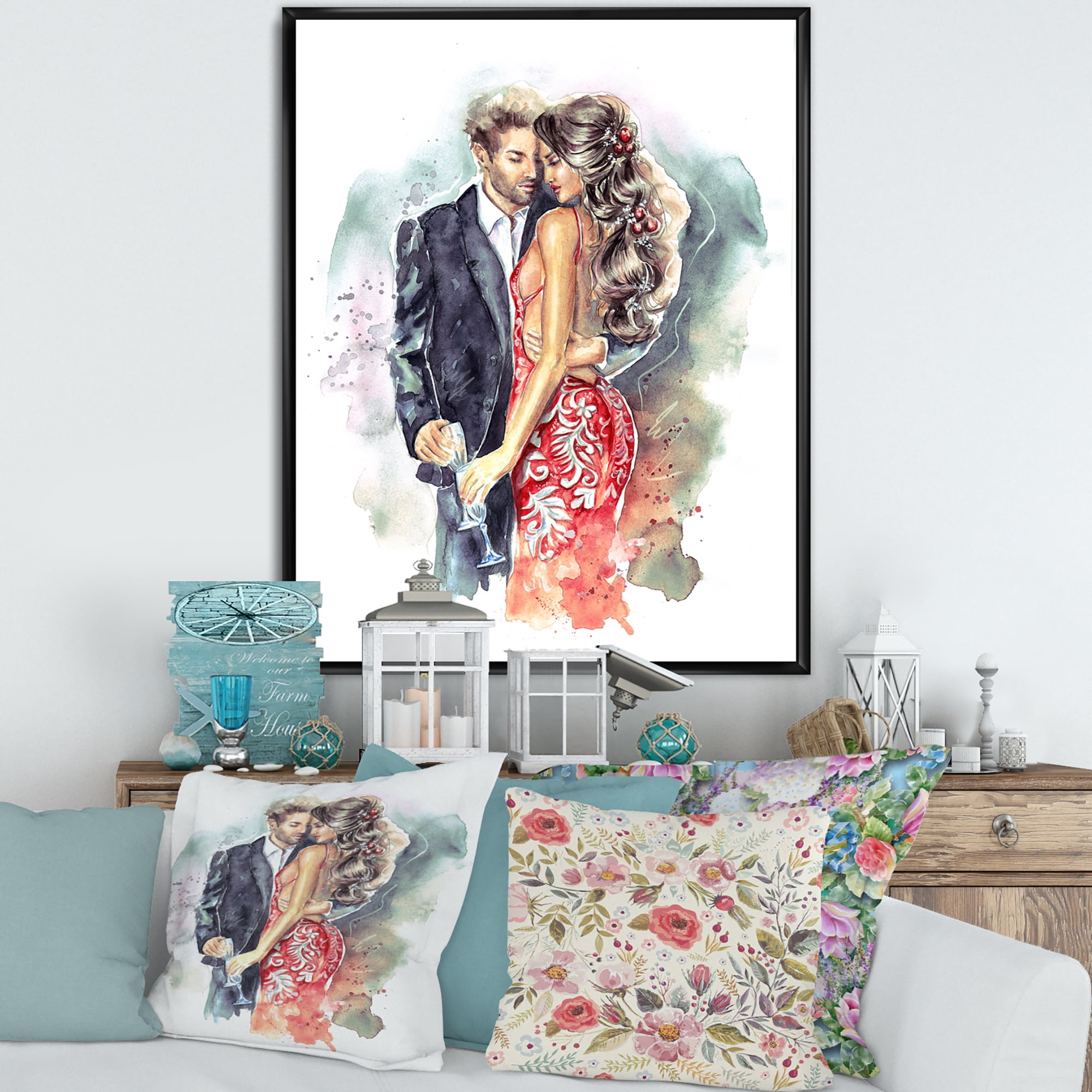 Designart 'Romantic Couple Ith Champagne Glasses At New Year Party' Traditional Framed Canvas Wall Art Print