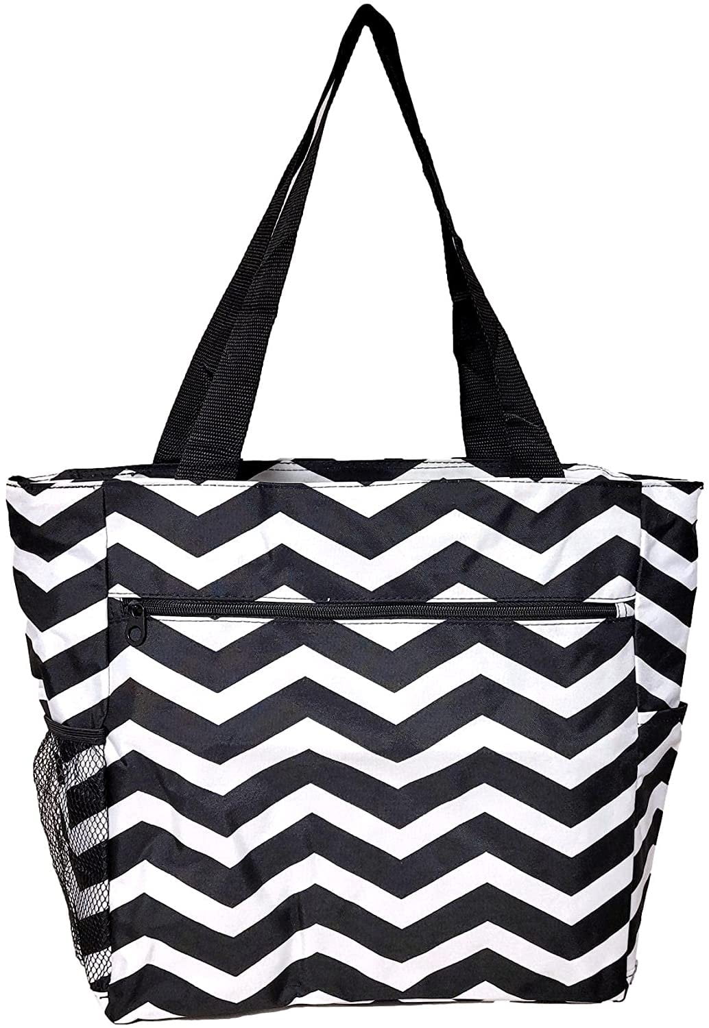 Large Multi Pocket Fashion Zipper Top Beach Bag Tote Custom Embroidery Available Black