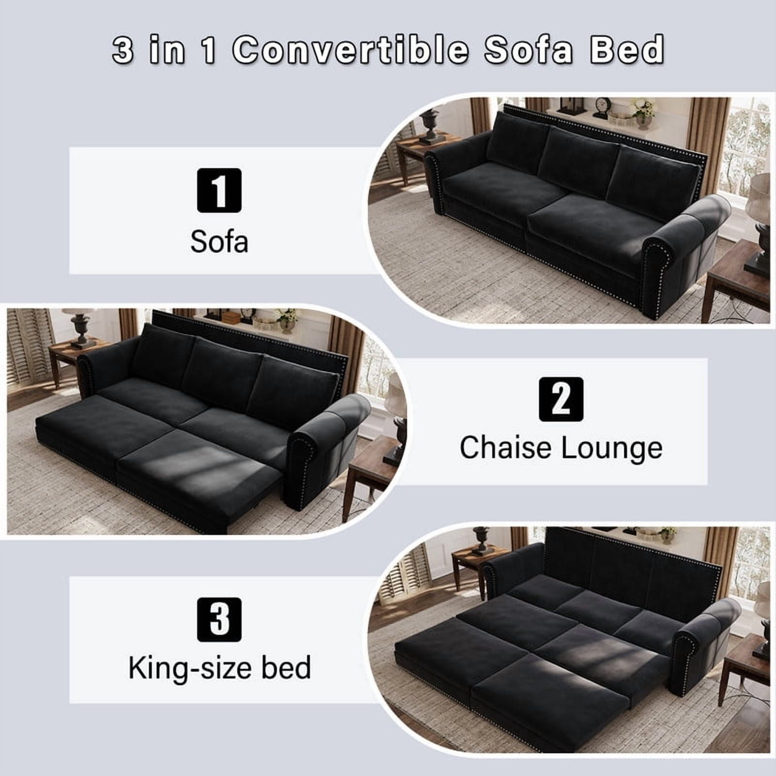 3-in-1 Velvet Convertible Sleeper Bed, 93.7" Chesterfield Sofa, King Size Pull Out Sofa Bed with Nailhead Trim & Rolled Arms, , Multi-Functional Futon Bed for Living Room, Bedroom, Apartment
