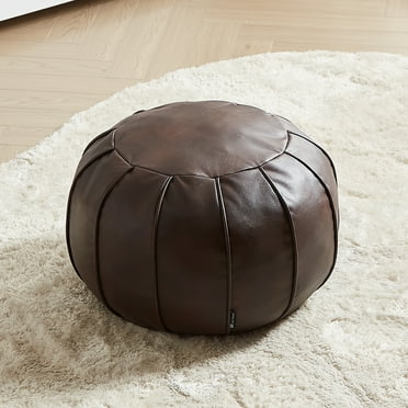 Brown Waterproof Faux Leather Pouf Ottoman, Unstuffed Handmade Moroccan Pouf Cover 21" x 13", Round Floor Cushion Floor Chair Footstool for Living Room, Bedroom and Wedding Only Cover