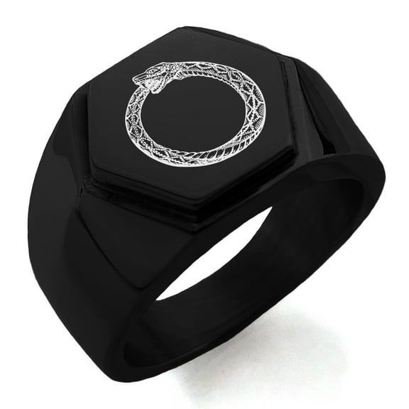 Stainless Steel Greek Mythology Ouroboros Engraved Hexagon Crest Flat Top Biker Style Polished Ring