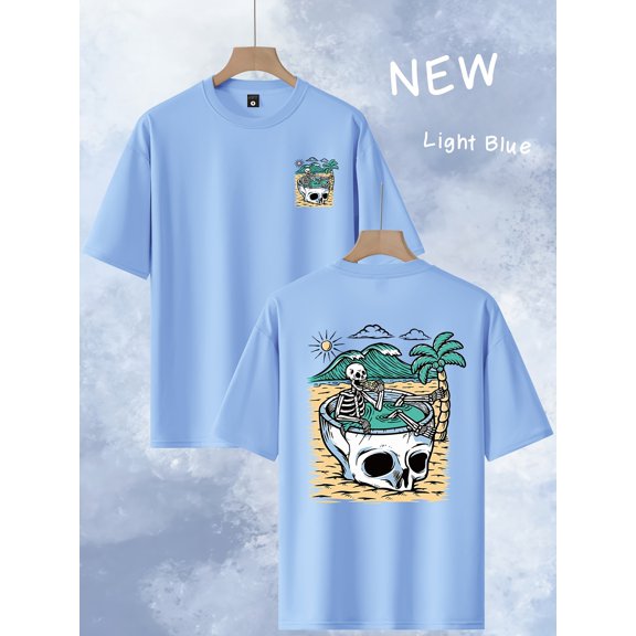 mens trendy loose neck t shirt casual daily short sleeve tee skull vacation pattern printed t shirt as a gift