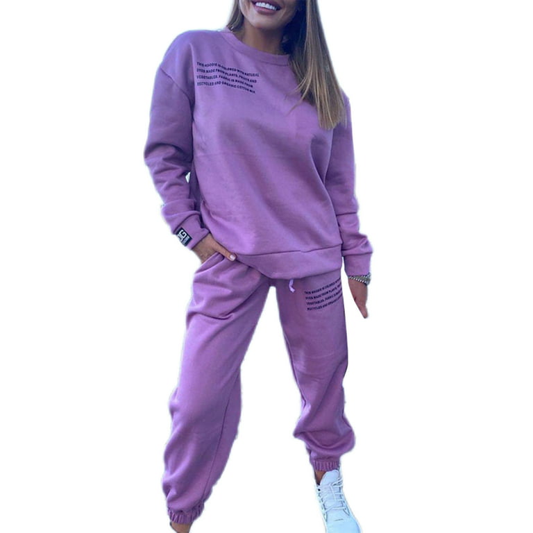 Niuer Ladies Sweatshirt And Sweatpants Solid Color Jogger Set Women Round  Collar Two Piece Outfit Elastic Waist Sports Drawstring Loose Fit Tracksuit  Purple XL 