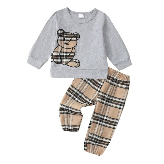2T Baby Boys Clothes 3T Boys 2PCS Fall Winter Outfits Set Cute Bear Print Toddler Boys Long Sleeve Round Neck Top Pants Set Gray