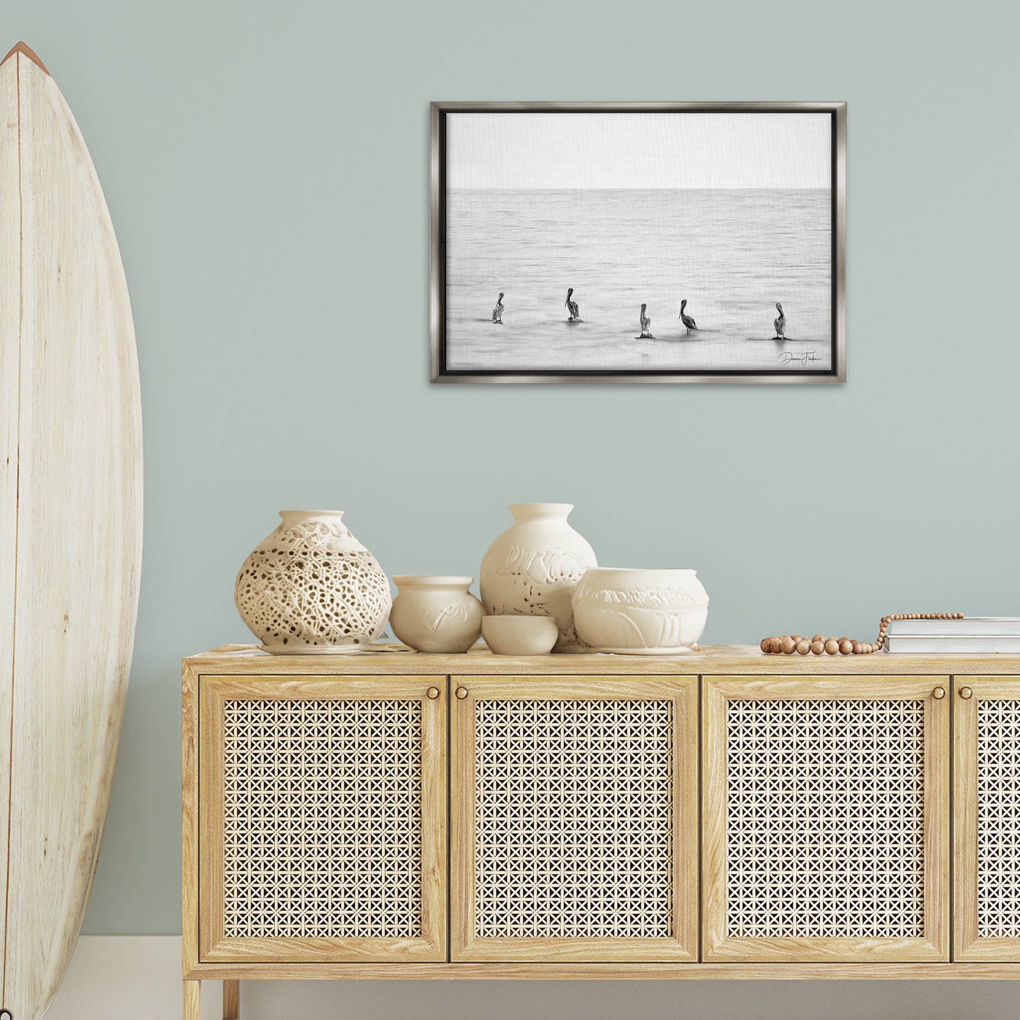 Stupell Industries Pelicans on Shore Landscape Photography Gray Floater Framed Canvas Art Print Wall Art, 31 x 21