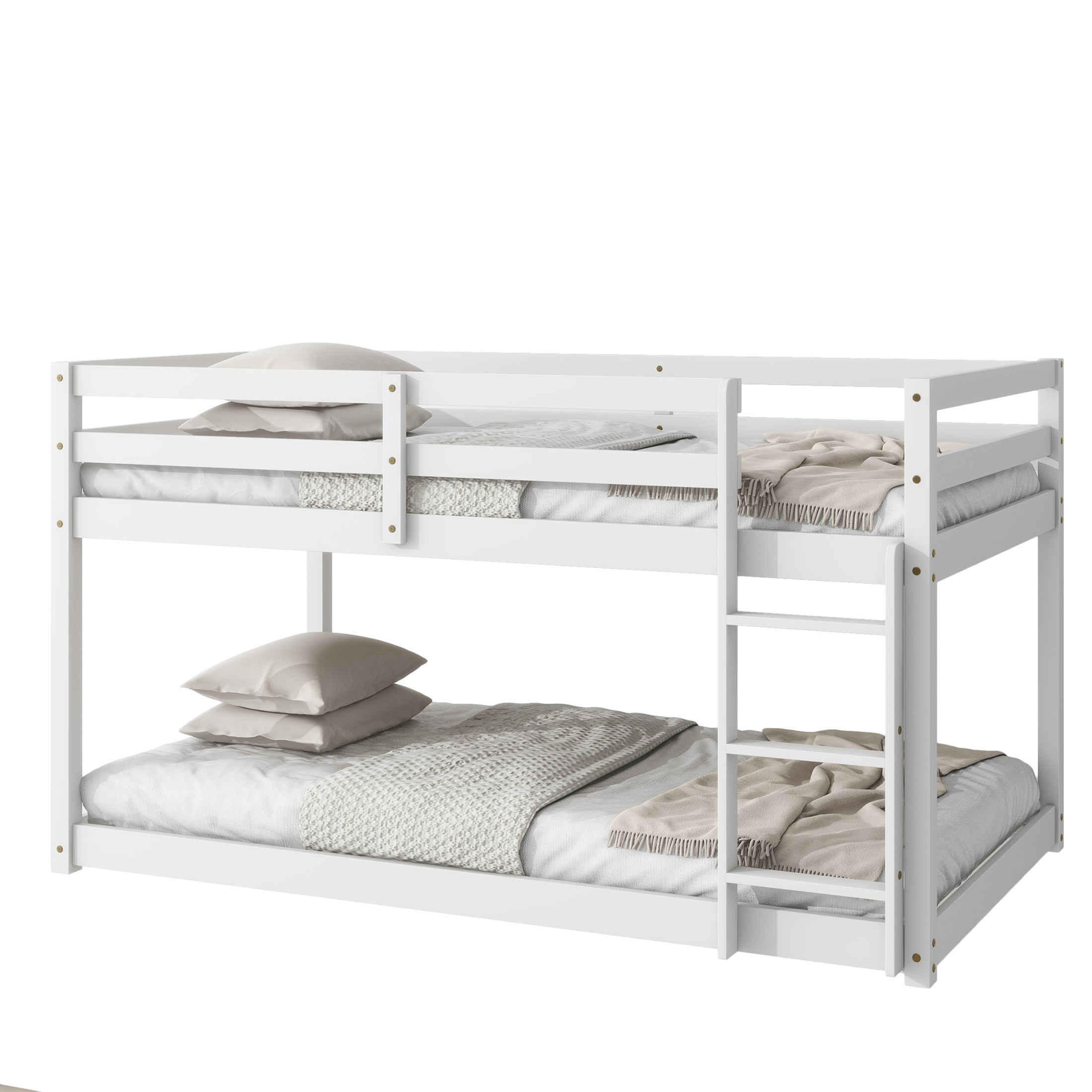 Noble House Alina Twin Over Twin Floor Bunk Bed with Ladder, Solid Rubber Wood Frame with Strengthened Slats, White