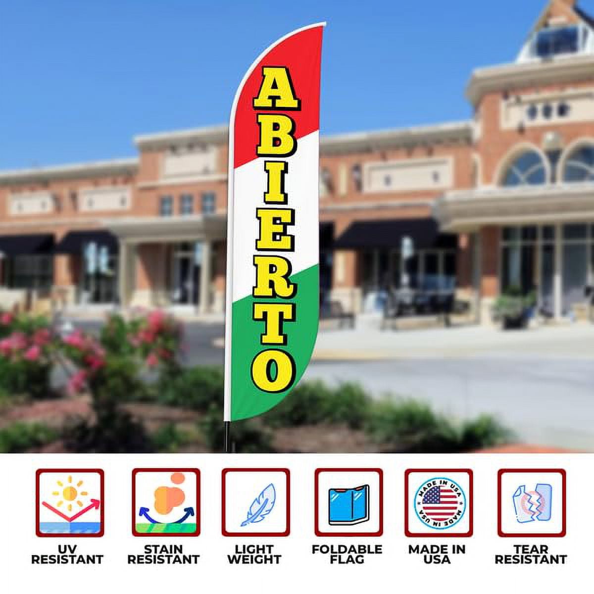 Abierto Feather flag for Outdoor by Mavis Print | 11.5 FEET Long Polyester Outdoor Banner Flag for Easy Hang | HD Print Swooper I Flag Only for Business Advertising | Made in USA I Flag Only