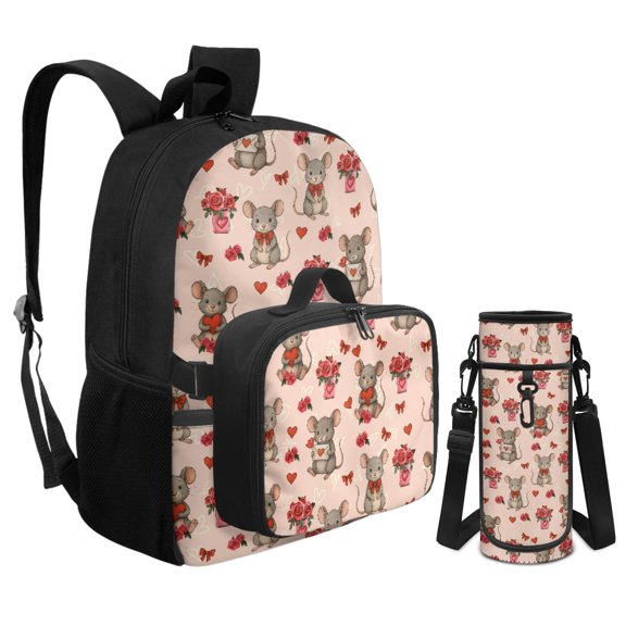 Chririnla Cute Mouse Roses Girls Backpack Horse 3PCS Kids Backpack Set with Lunch Bag & Pencil Case, 17 Inch School Bookbag for Elementary Kindergarten