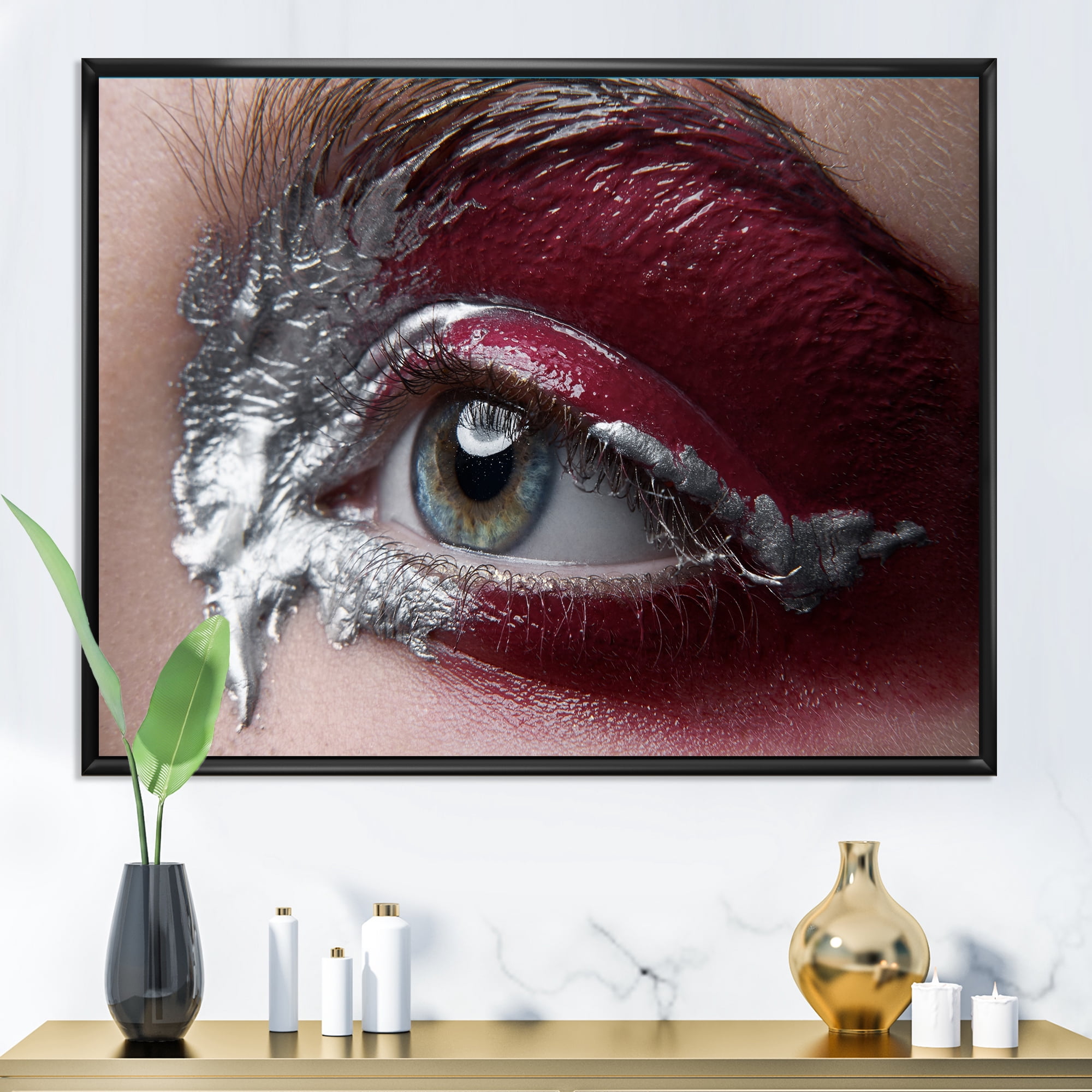 Designart 'Close Up of A Woman Eye With Red Makeup On' Modern Framed Canvas Wall Art Print